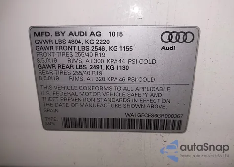 2016 Audi Q3 2.0T Premium Plus z USA, uszkodzony, nr VIN WA1GFCFS6GR008367